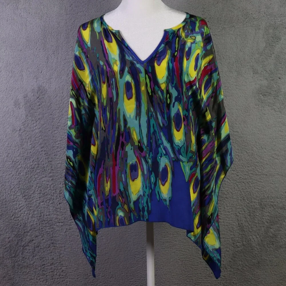 Trina Turk Top Womens P Blue Multicolor V Neck Abstract 100% Silk Blouse - Picture 1 of 10
